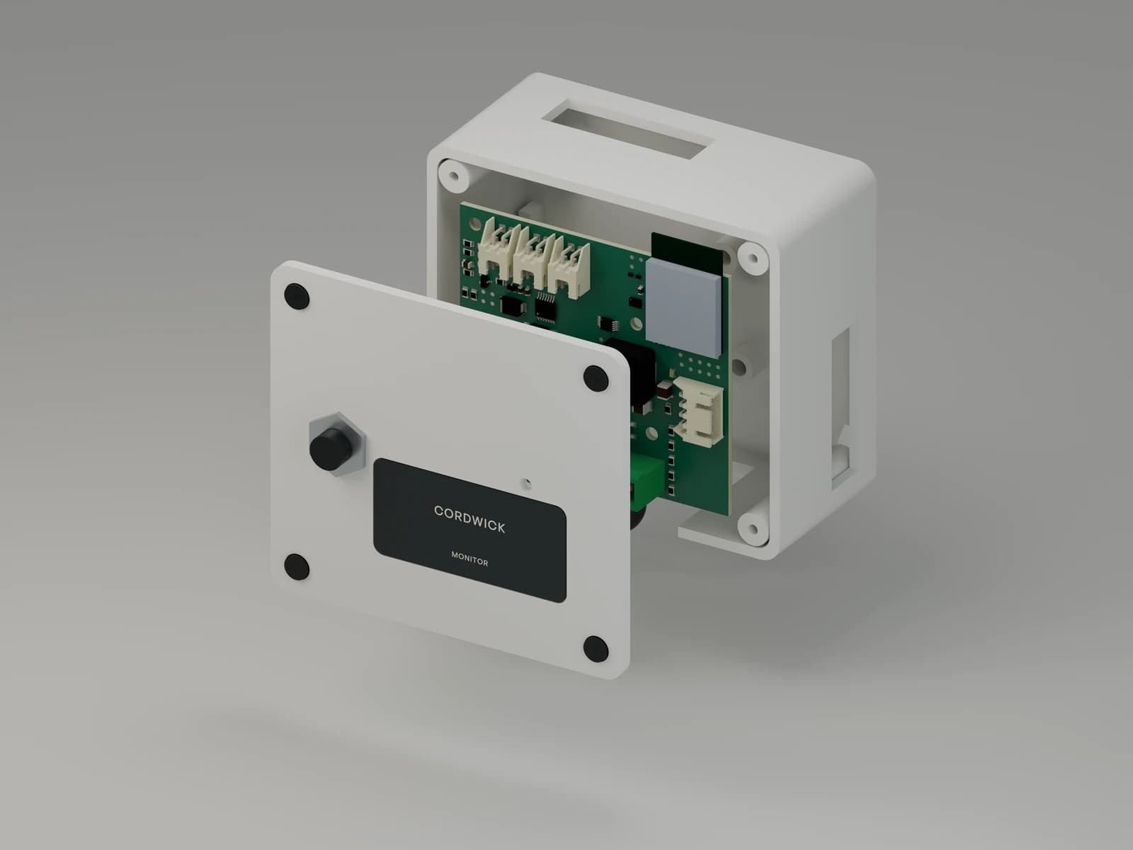 Exploded CAD view of the Cordwick Signal enclosure and board